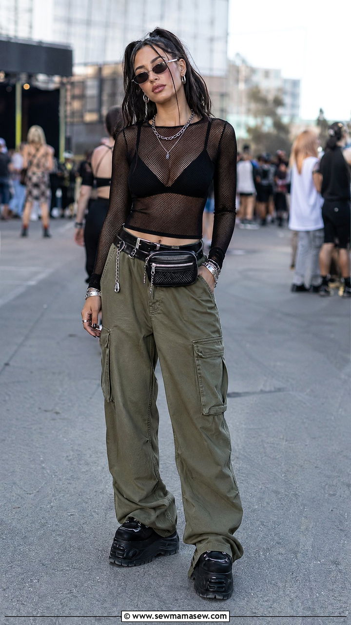 Sheer Mesh Top with Cargo Pants - 35 Summer music festival outfits
