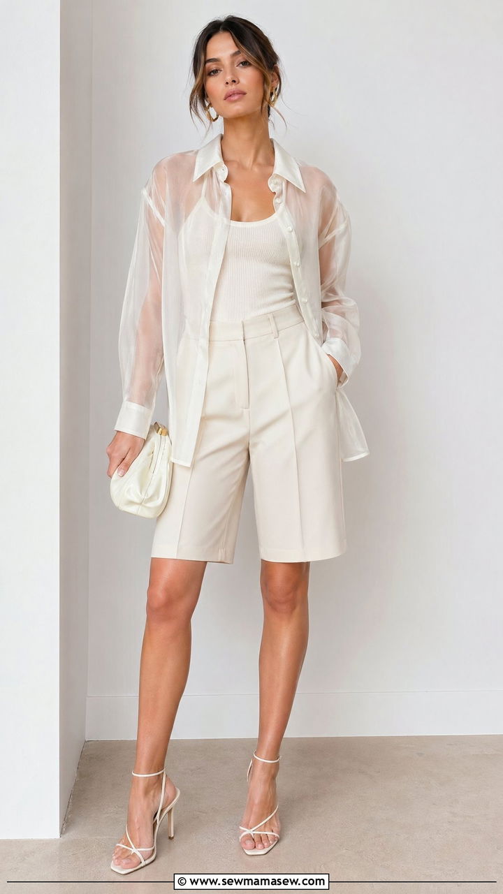 Sheer Organza Shirt Over Luxe Knit And Tailored Shorts - 35 spring quiet luxury outfit ideas