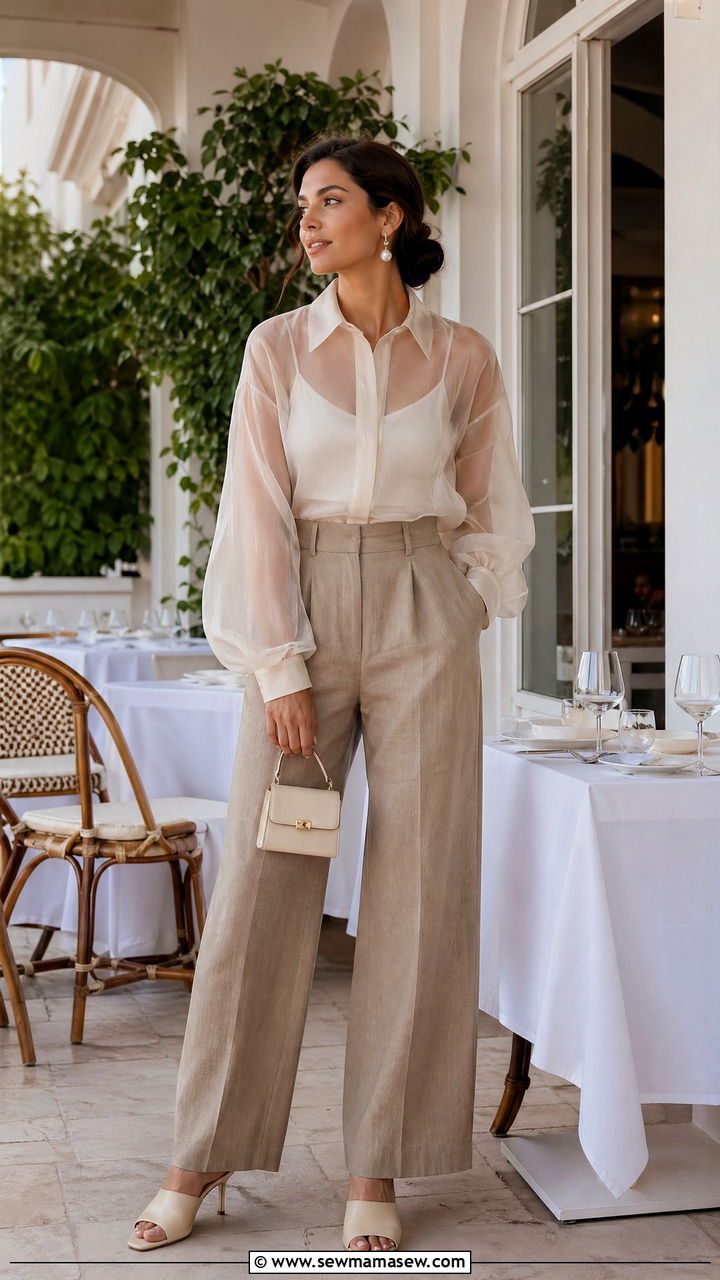 Sheer Overlay Blouse With Tailored Linen Trousers Summer Outfit - 35 Summer outfit essentials 2026