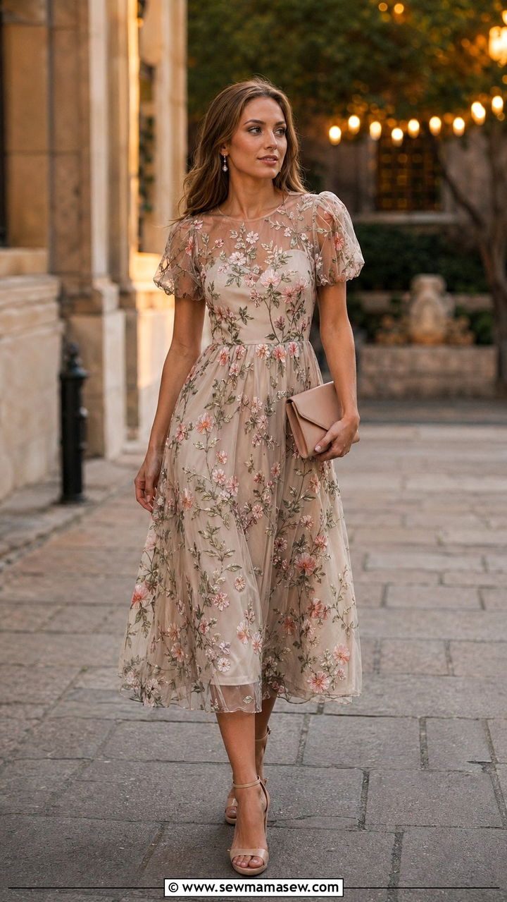 Sheer Overlay Dress With Nude Heels - 35 Romantic spring outfits