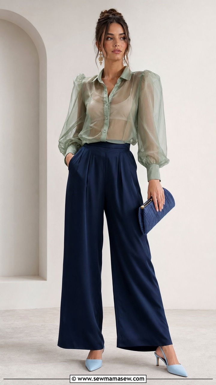 Sheer Sage Blouse with Navy Wide Leg Pants - 30 Blue and green outfit ideas