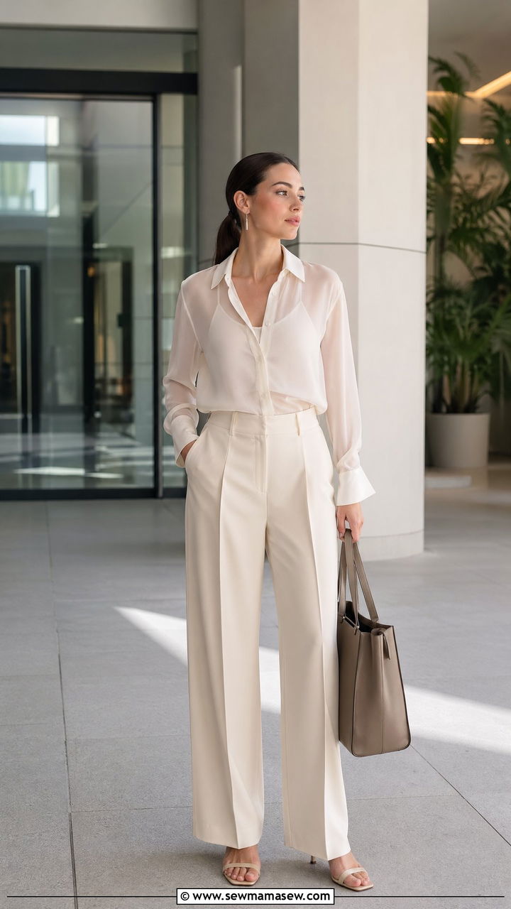 Sheer Shirt and Tailored Trousers Scandi Summer Outfit - 35 summer scandinavian outfit ideas