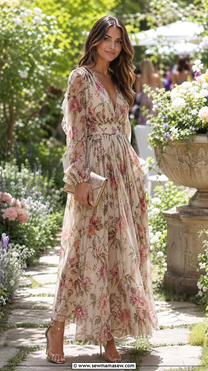 Sheer Sleeve Maxi Dress with Metallic Heels - 35 Spring garden party outfit ideas