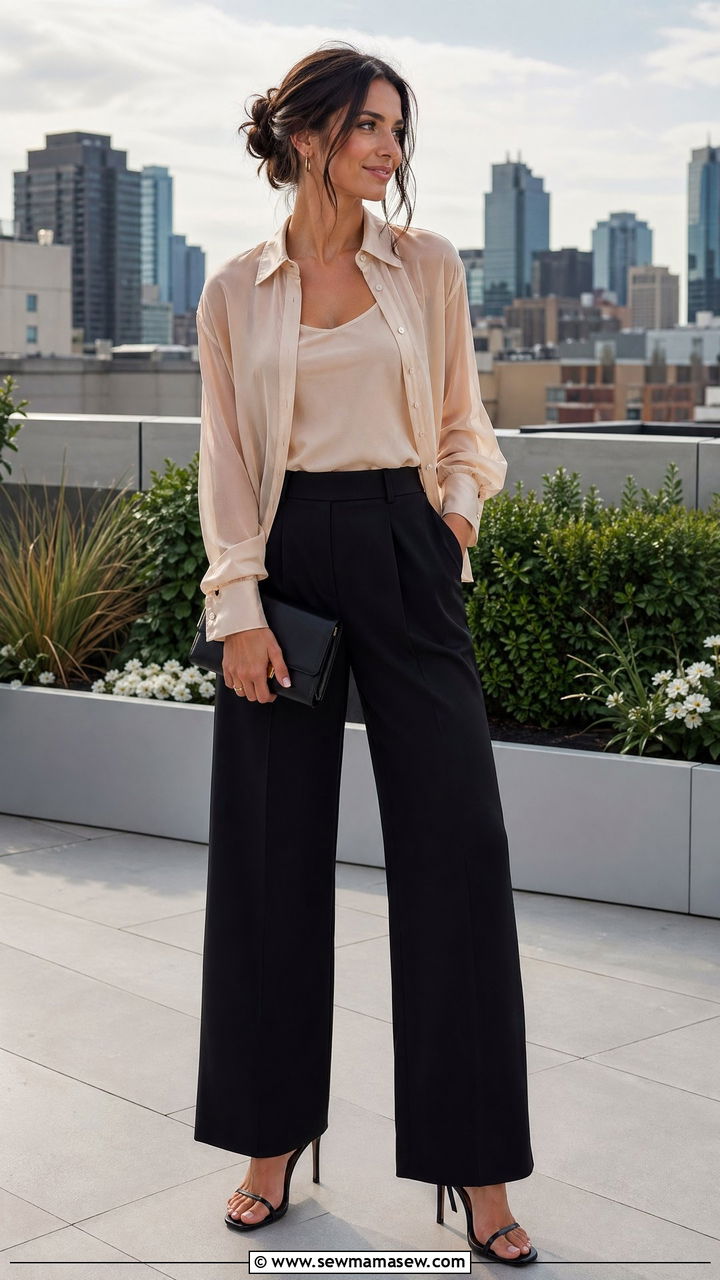 Sheer Top Layered Over Tank with Wide Leg Pants - 35 Cool spring outfits