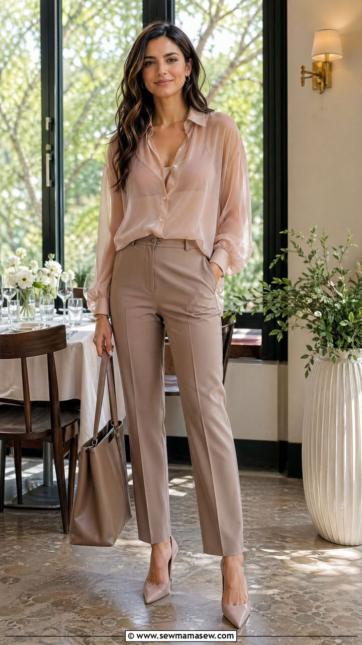 Sheer blouse and high waist trousers outfit - 35 classy brunch outfits