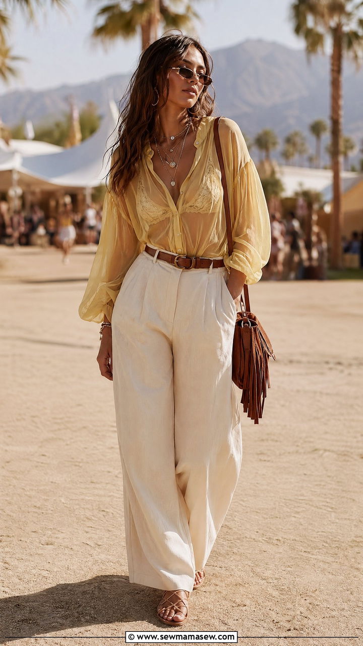 Sheer blouse with tailored wide leg trousers and heels - 35 Coachella outfits ideas