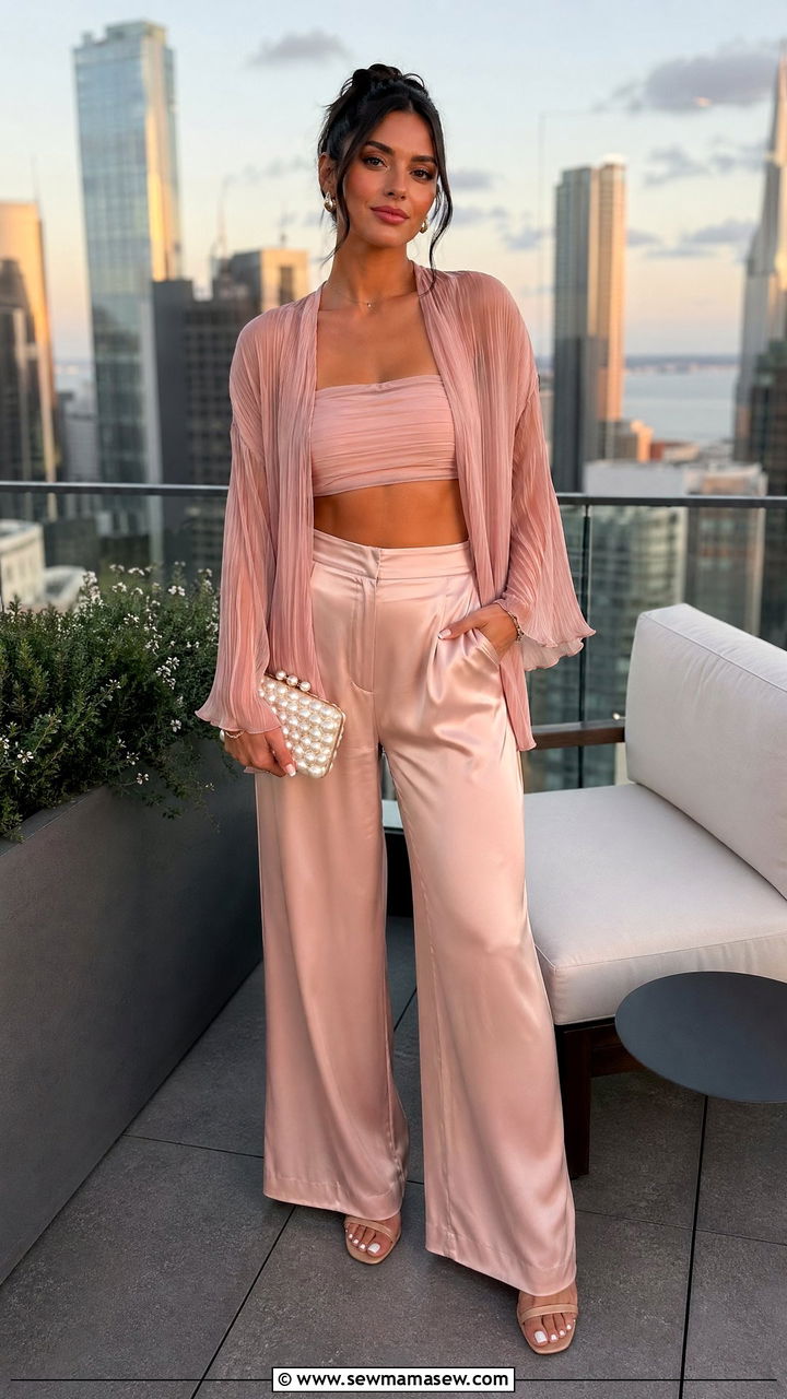 Sheer cardigan over a bandeau and wide leg pants - 35 Summer outfits with cardigans
