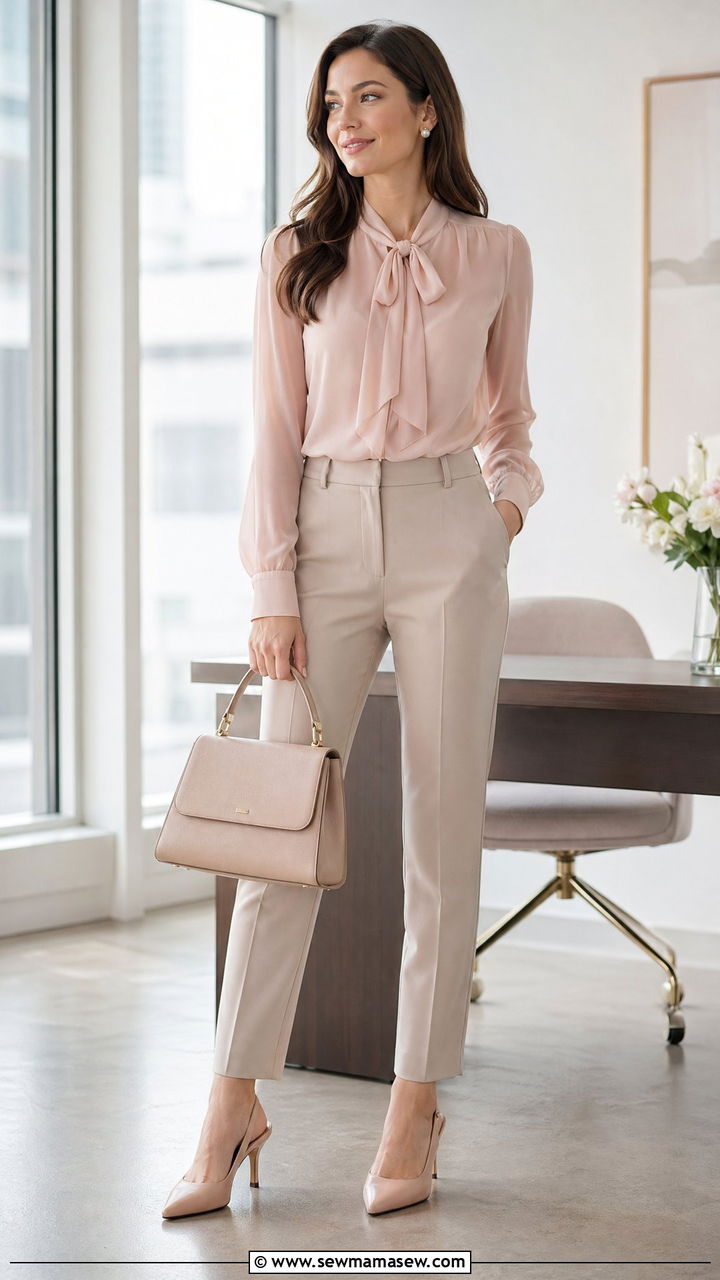 Sheer chiffon blouse with tailored pants - 35 spring romantic outfit ideas