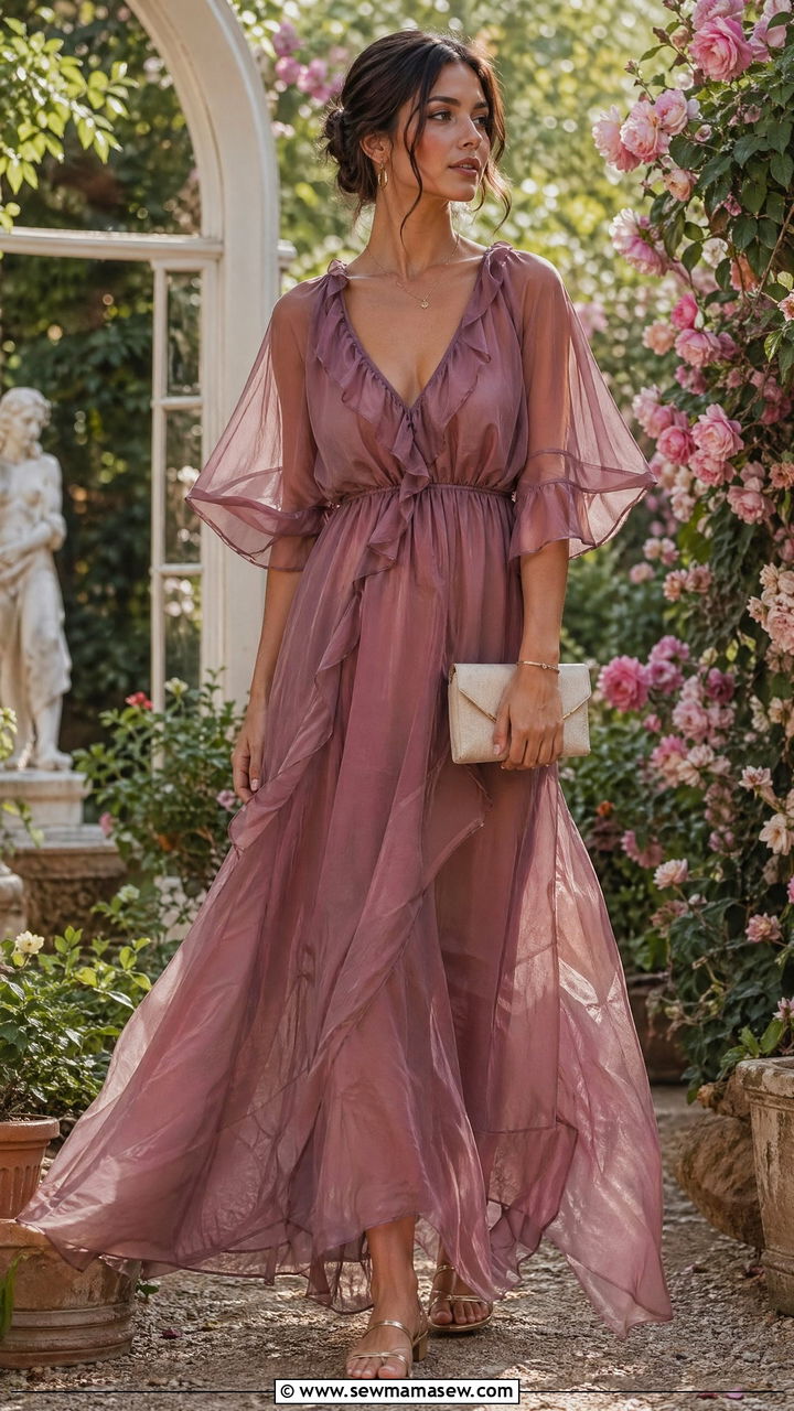 Sheer layered maxi dress with minimal flat sandals and delicate jewelry - 35 Spring outfit ideas 2026