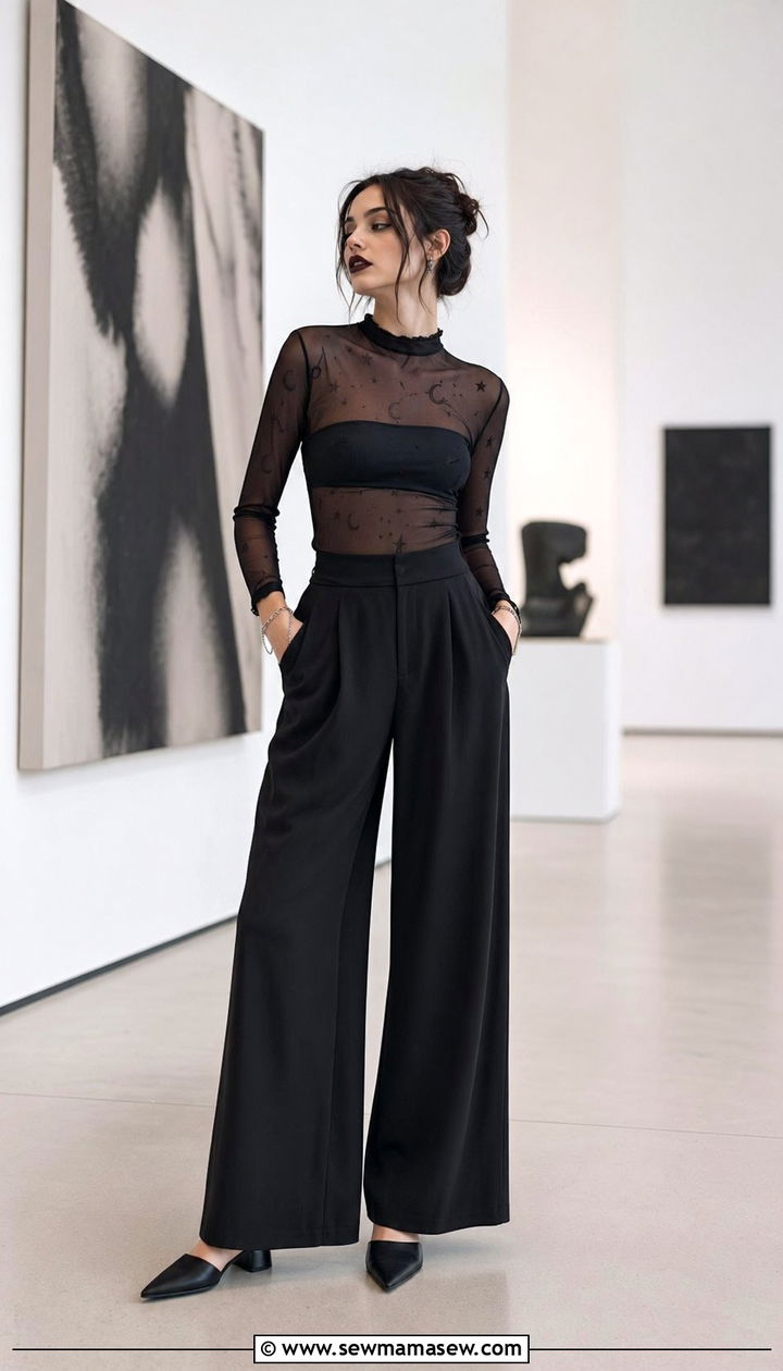 Sheer mesh long sleeve top with wide leg trousers - 30 Whimsigoth outfit ideas