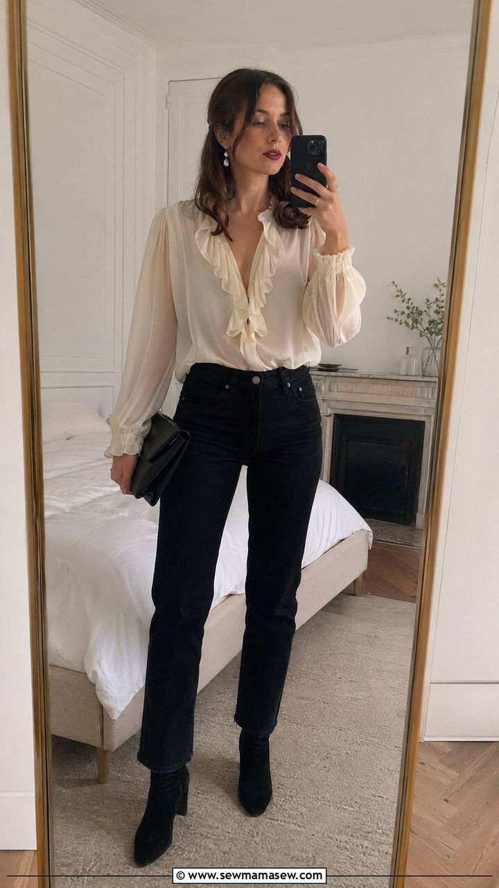 Sheer ruffled blouse with high waisted black jeans - 35 transitional french girl outfit ideas