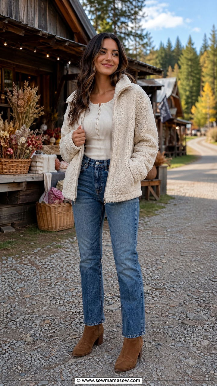Sherpa Jacket With Straight Leg Jeans - 35 Cozy cabin weekend outfit ideas