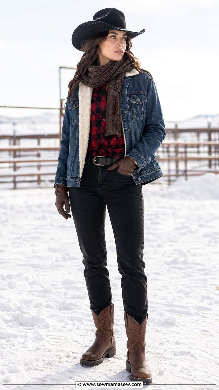Sherpa Lined Denim Jacket With Flannel - 35 western outfit ideas for women