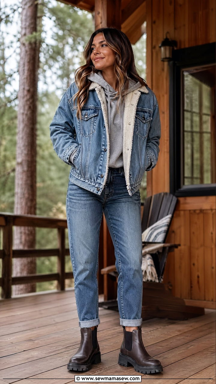 Sherpa Lined Denim Jacket With Hoodie and Jeans - 35 Cozy cabin weekend outfit ideas