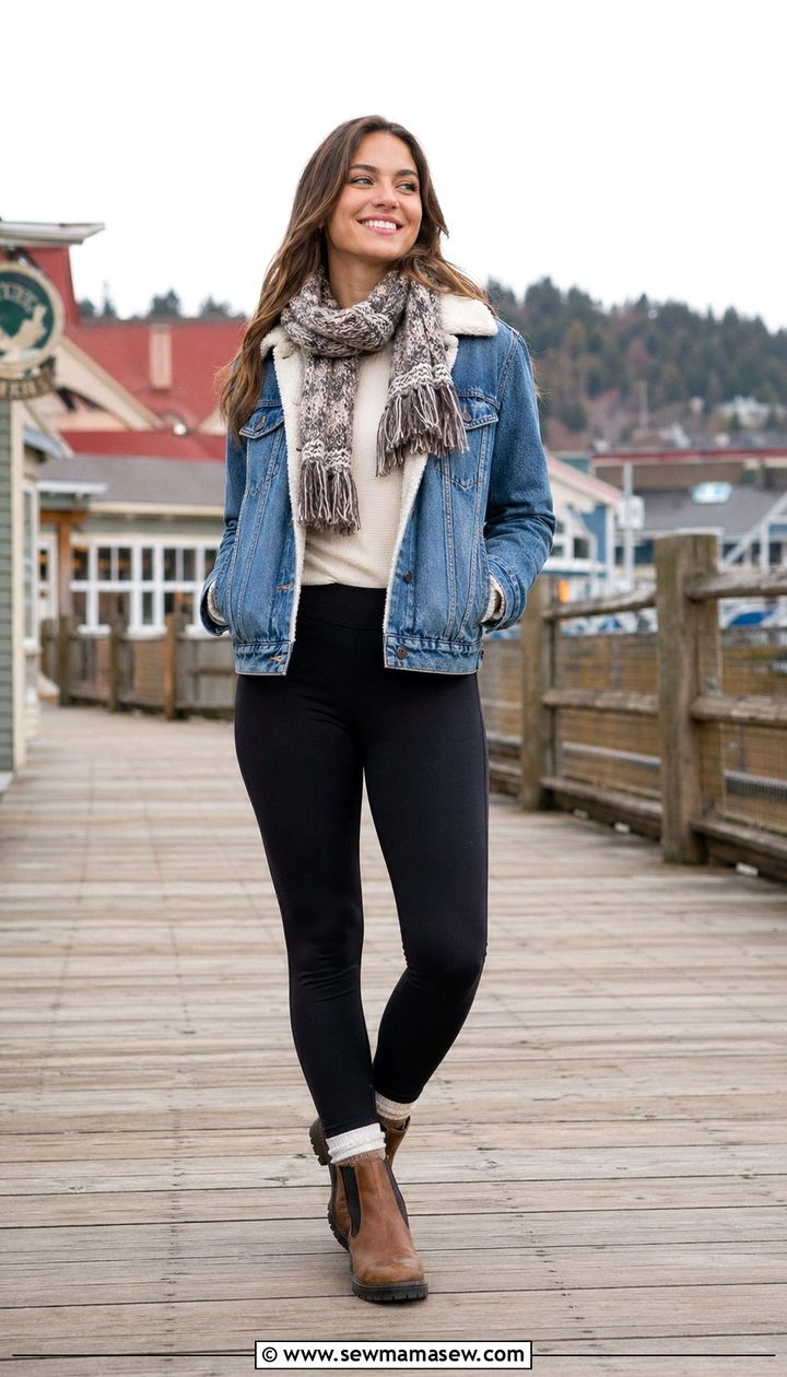 Sherpa Lined Denim Jacket With Thermal Leggings - 30 Alaska cruise outfit ideas
