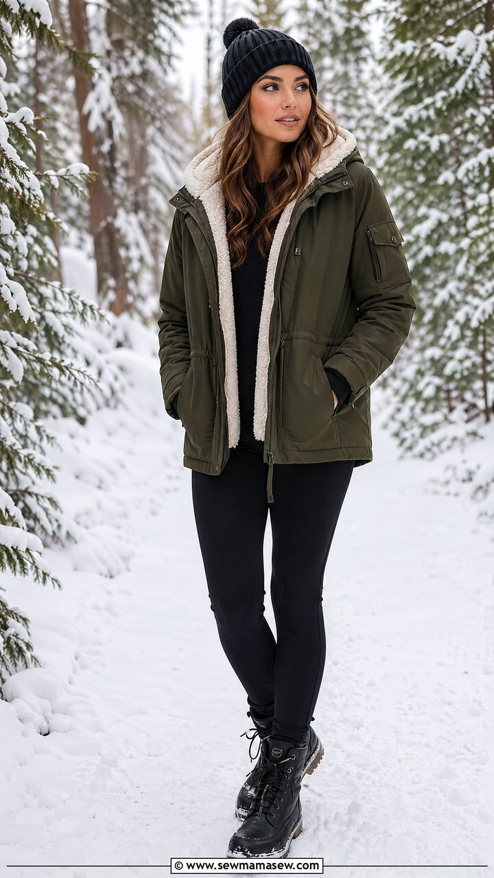 Sherpa Lined Ski Jacket with Fleece Leggings - 35 Ski bunny outfit ideas