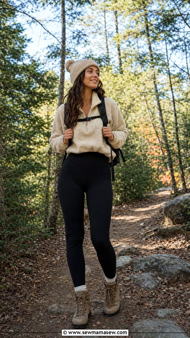 Sherpa Pullover with Leggings and Hiking Boots - 30 60 degree weather outfits