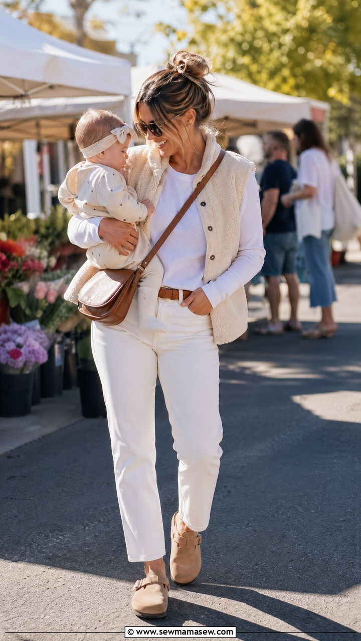 Sherpa Vest with White Straight Leg Jeans Outfit - 35 casual outfits for new moms