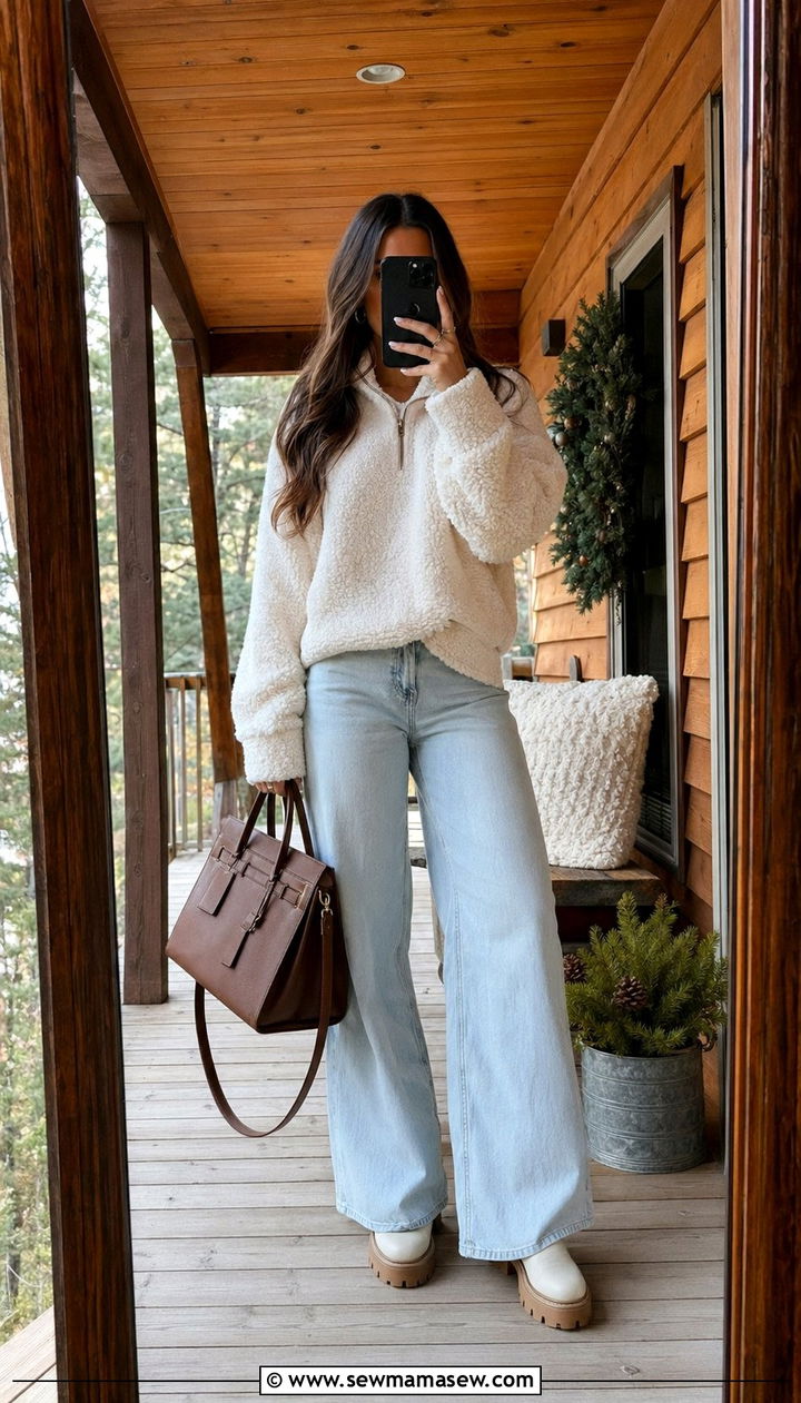 Sherpa pullover and wide leg jeans outfit - 35 Mountain vacation outfit ideas
