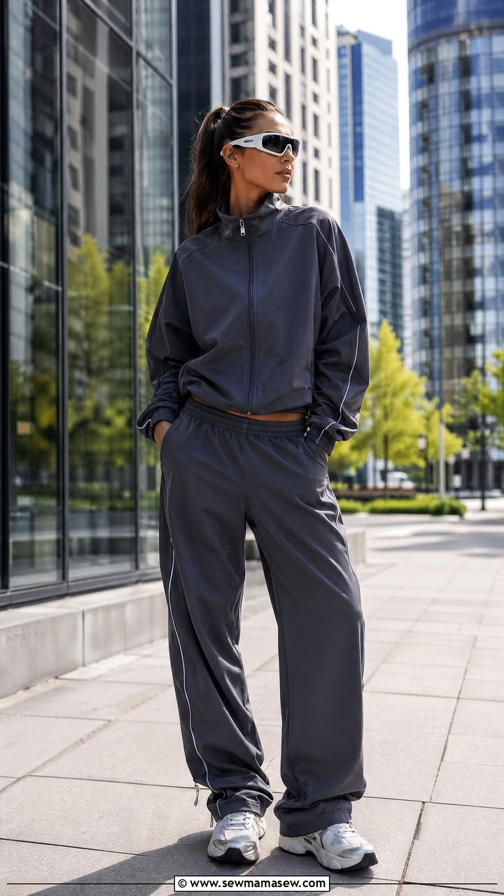 Shield wraparound sunglasses with tracksuit - 35 Sunglasses outfit ideas