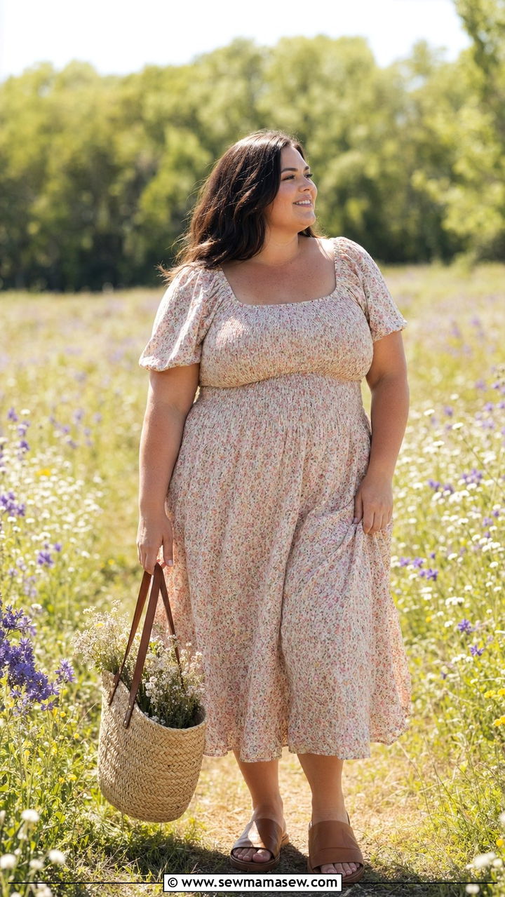 Shirred Midi Dress With Straw Tote - 35 Postpartum outfit ideas plus size