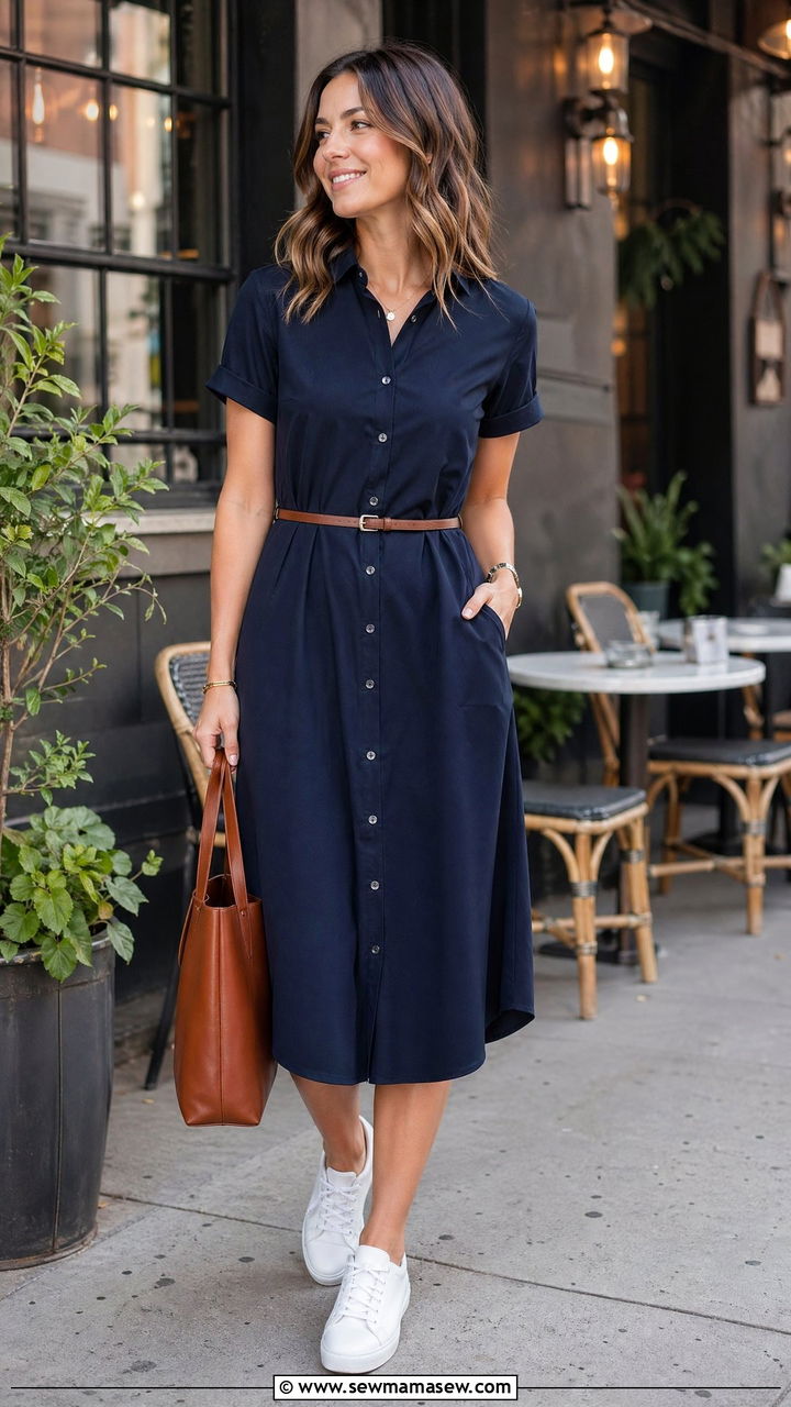 Shirt Dress With A Skinny Belt And White Sneakers - 35 work outfits for moms