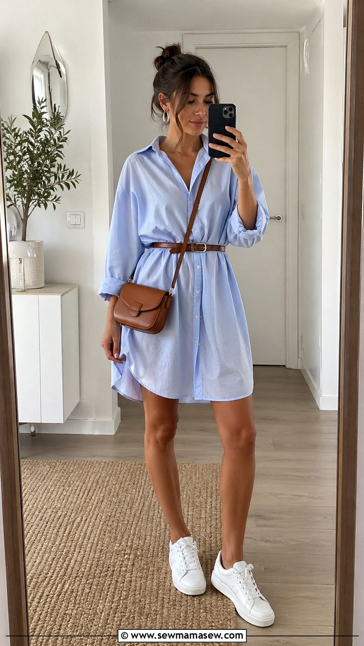 Shirt Dress With Belt And White Sneakers - 30 spring elevated casual outfit ideas