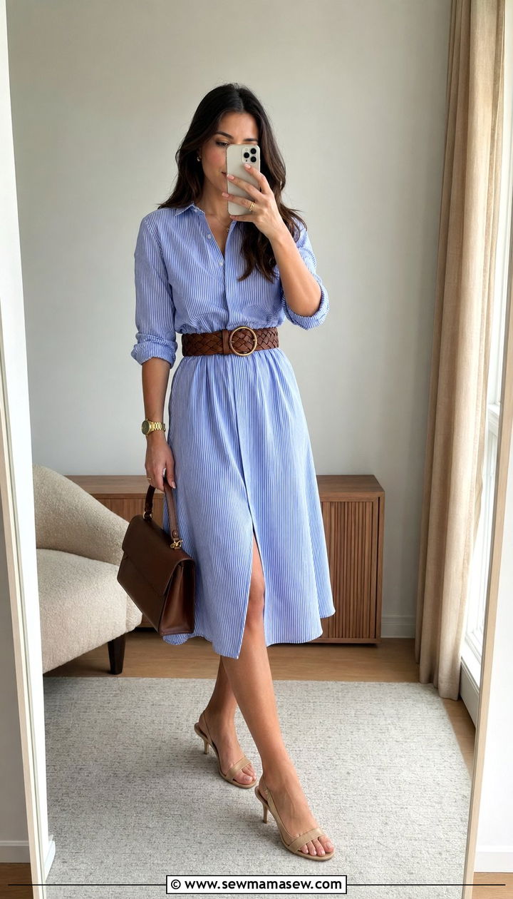 Shirt Dress With Statement Belt And Heels - 30 Wedding guest outfits for hot weather