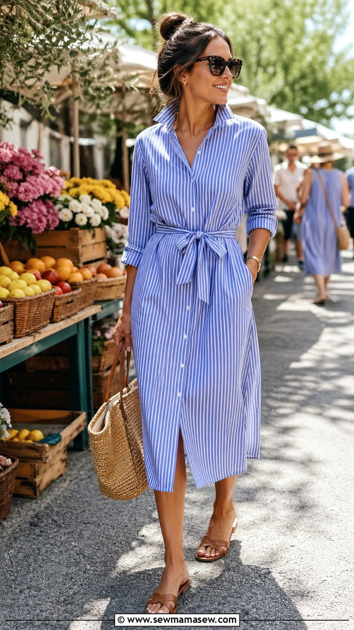Shirt Dress With Woven Bag And Flat Leather Sandals - 30 Spring closet must haves