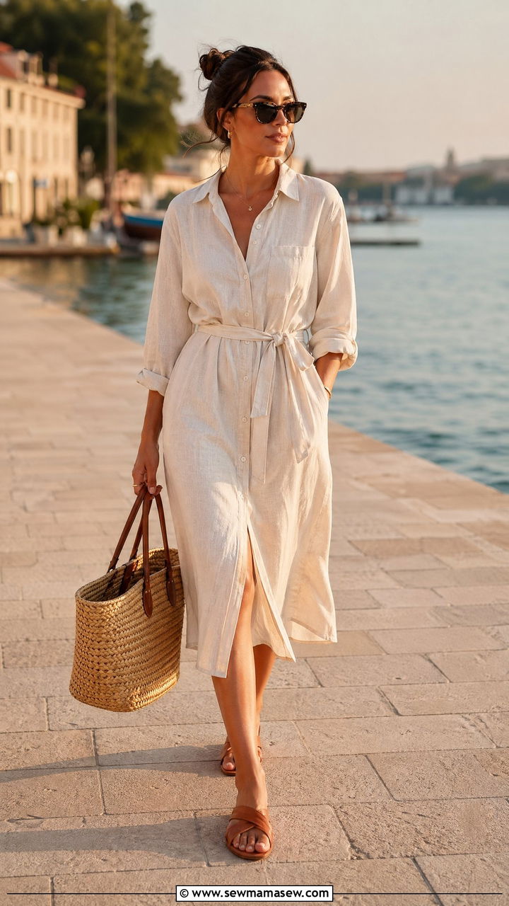 Shirt Dress With Woven Tote And Sandals Outfit - 35 Summer outfits with shirt dresses