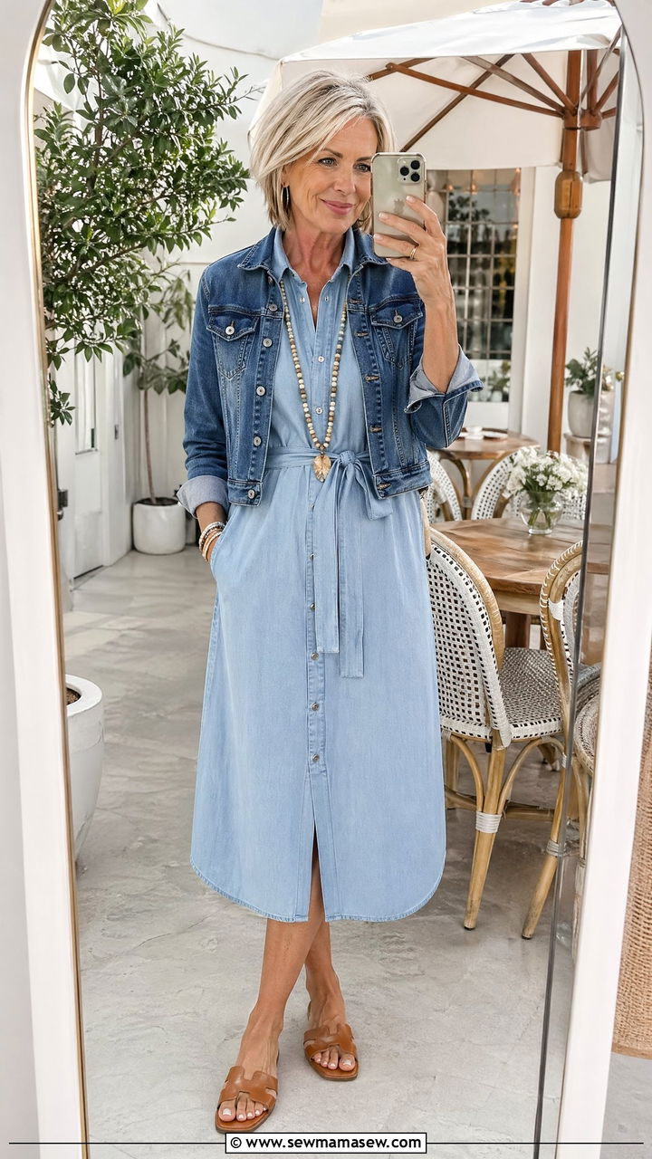 Shirt Dress with Denim Jacket and Sandals - 35 Spring outfits for women over 50