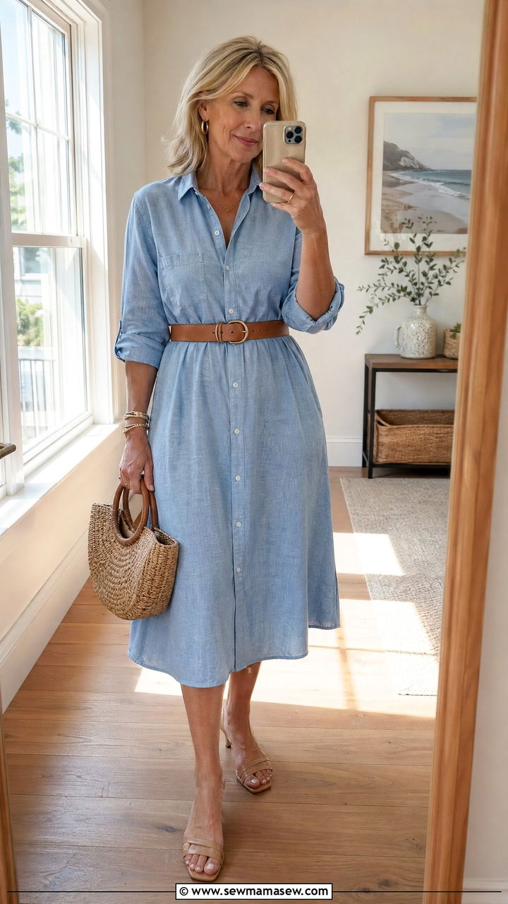 Shirt Dress with Leather Belt and Kitten Heel Sandals - 35 Classy outfit ideas for women over 50
