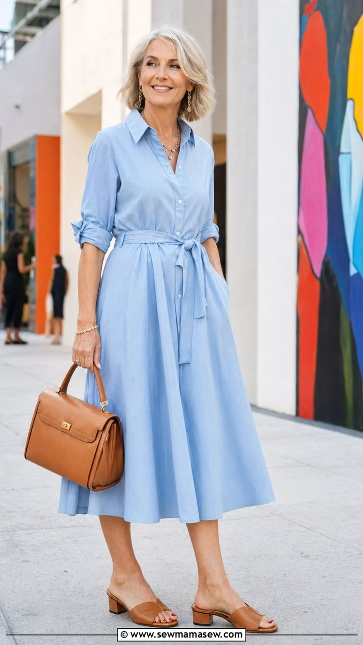 Shirt Midi Dress With Top Handle Bag - 30 Best dresses for women over 50