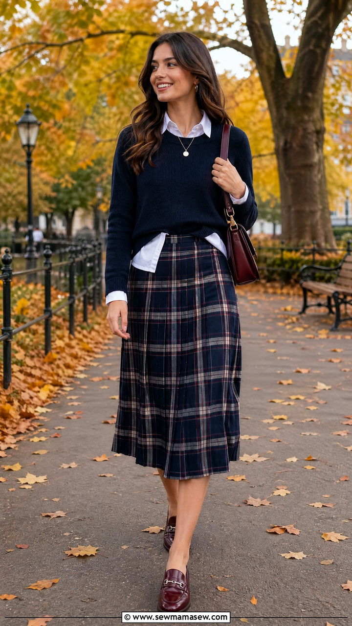 Shirt and Sweater Combo With Plaid Midi Skirt - 35 Uptown girl outfit ideas