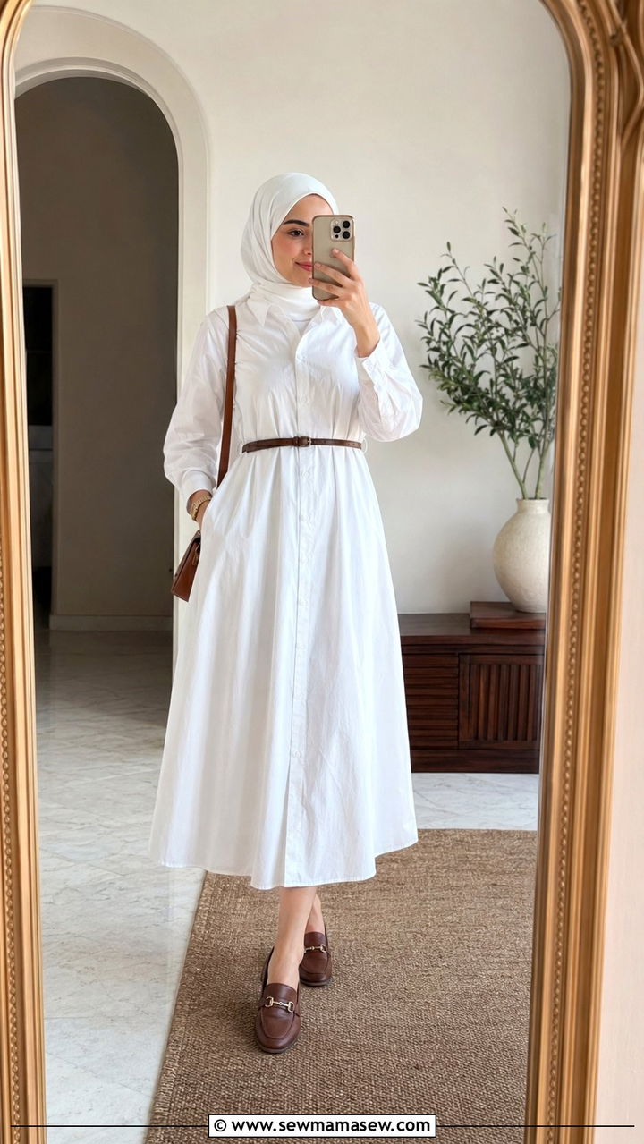 Shirt dress with belt and loafers - 35 Modest outfit ideas for Muslim women