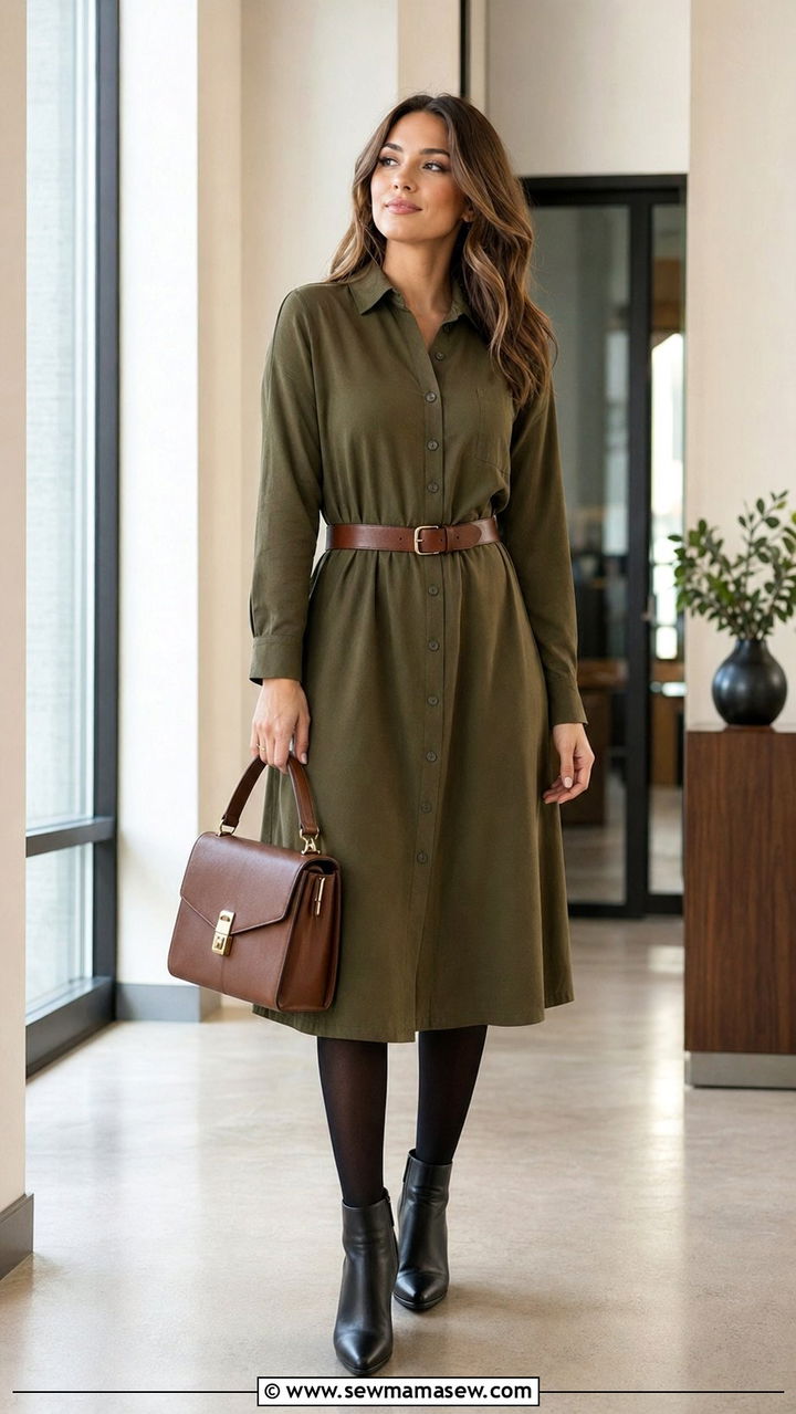 Shirt dress with leather belt and ankle boots - 35 Modest outfit ideas for office