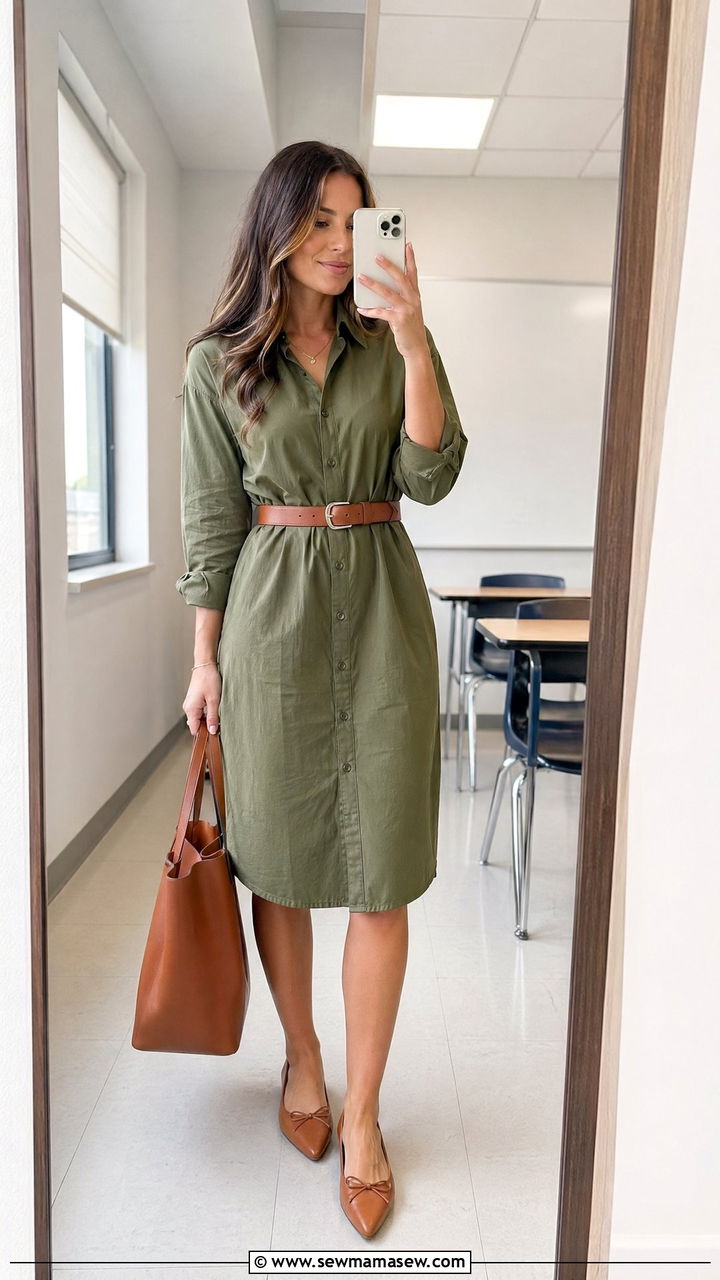 Shirt dress with leather belt and flats interview outfit - 35 Teacher interview outfit ideas