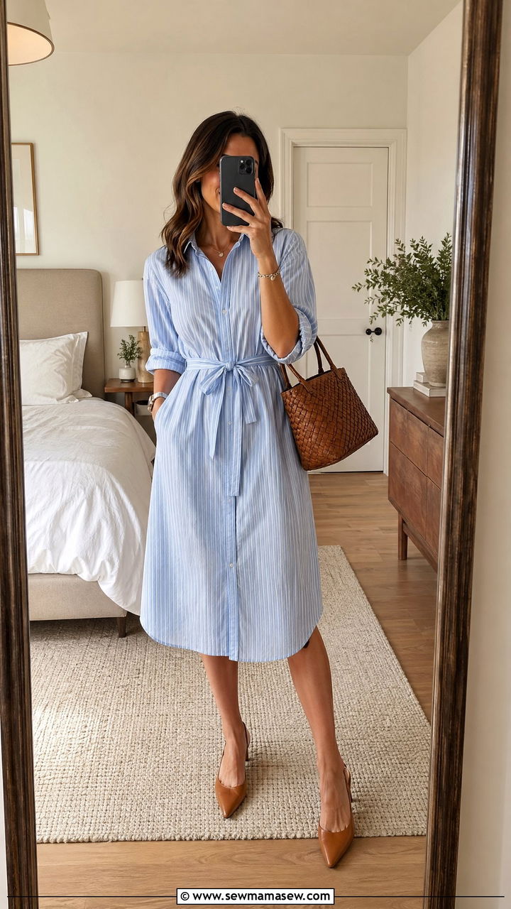 Shirtdress With A Leather Slingback And Woven Bag - 35 spring classy outfit ideas