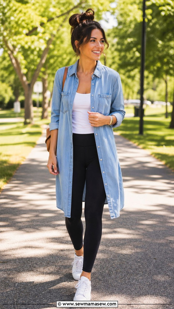 Shirtdress layered over leggings - 30 Spring layering outfits
