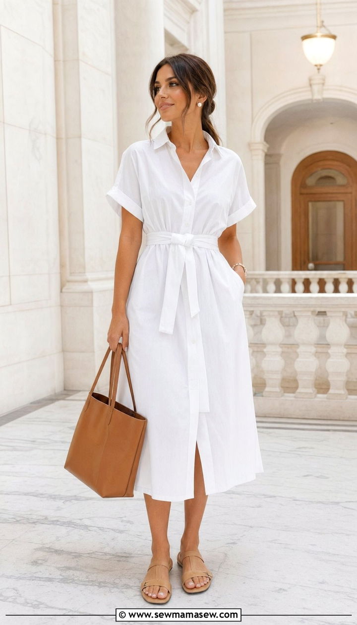 Shirtdress with Belted Waist and Sandals - 30 What to wear to a summer wedding