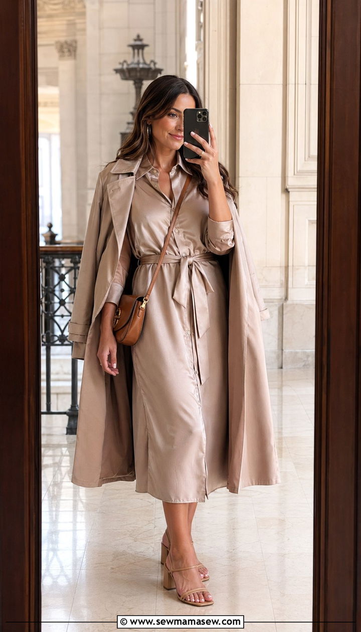 Shirtdress with Block Heel Sandals - 30 Wedding guest outfits for rainy weather