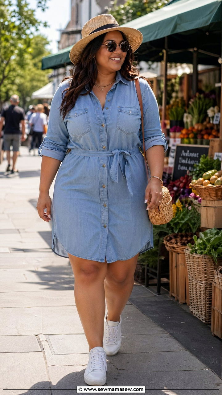 Shirtdress with Sneakers and Straw Hat - 35 casual outfits for curvy women