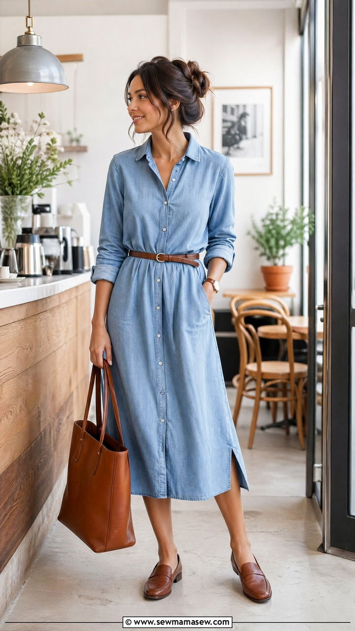 Shirtdress with a Belt and Loafers - 35 simple outfit ideas for women