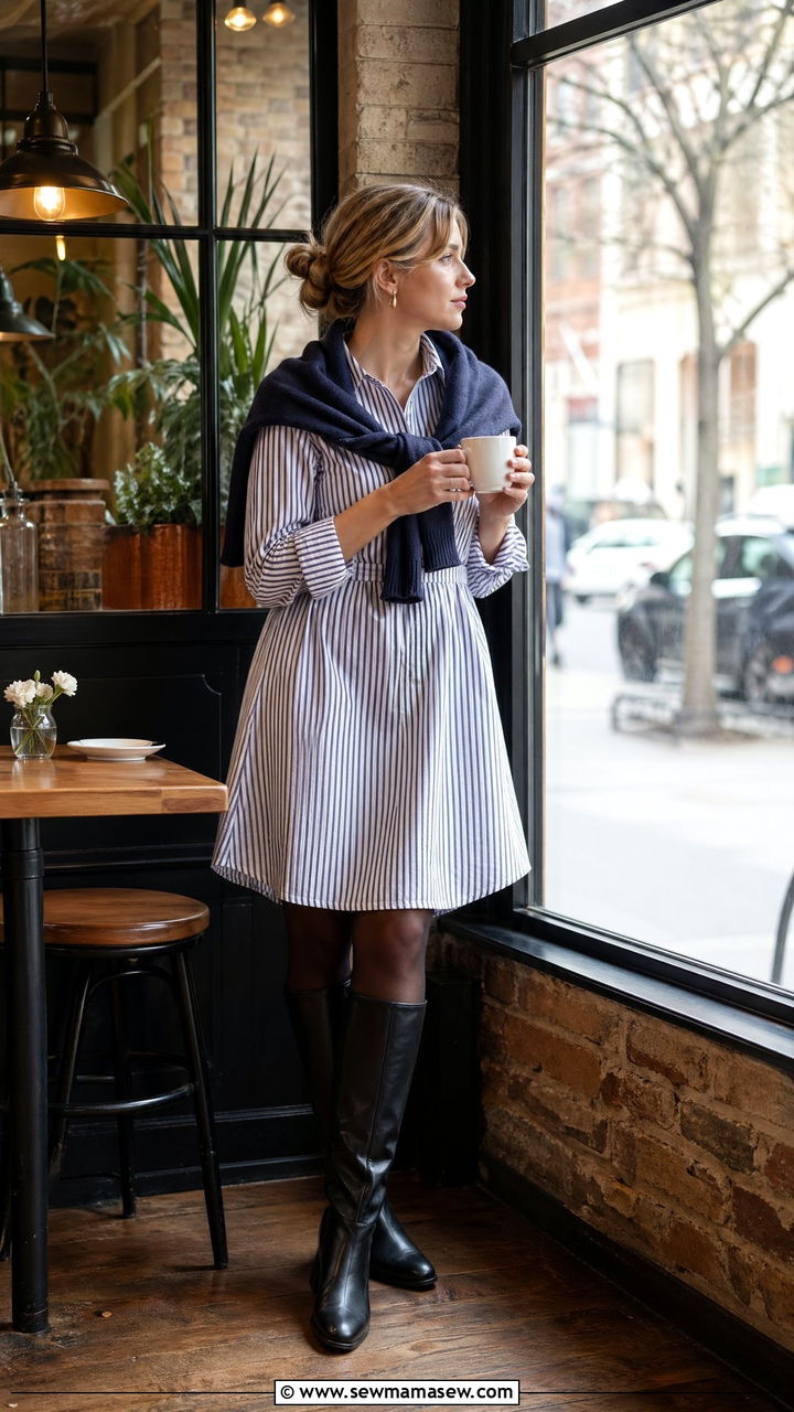 Shirtdress with tights and knee high boots - 35 Transitional wardrobe ideas