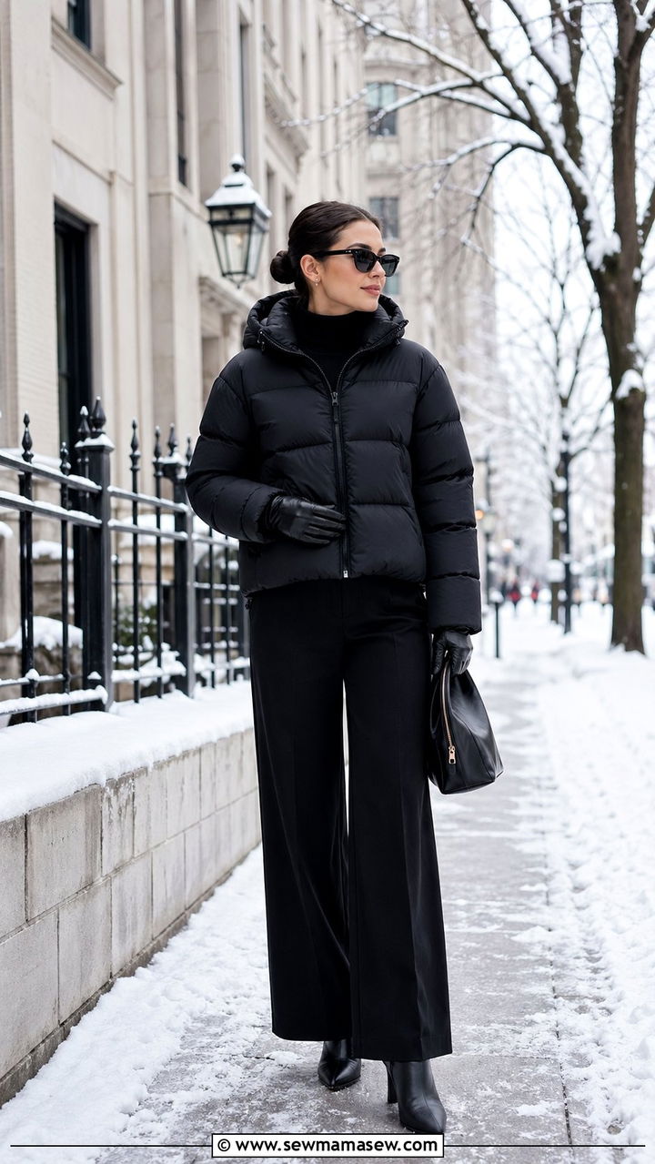 Short Down Coat With Black Wide Leg Trousers Outfit - 35 Modest outfits for women over 40