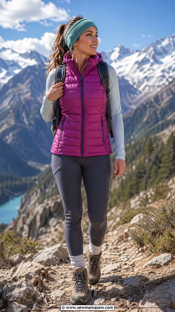 Short Puffer Vest with Long Sleeved Thermal and Hiking Tights - 40 spring travel outfit ideas