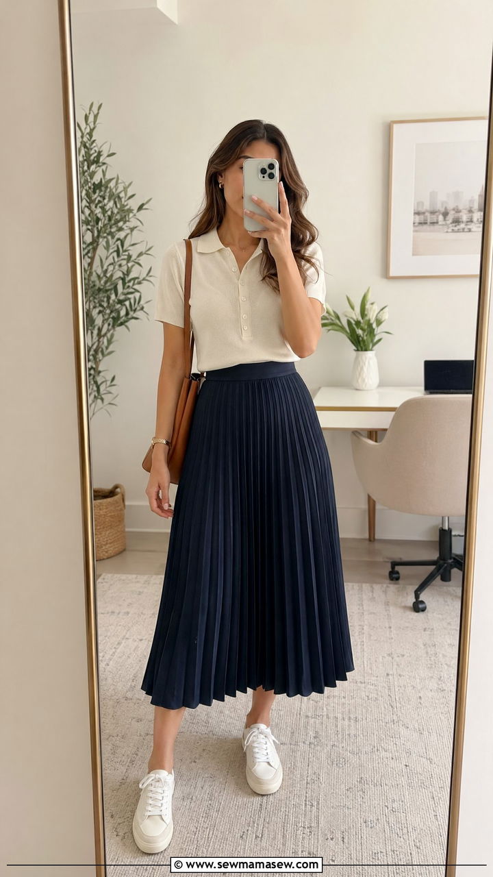 Short Sleeve Knit Polo With A Pleated Skirt - 35 Cute work outfits for women