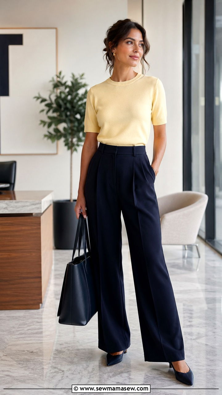 Short Sleeve Knit Sweater and Wide Leg Dress Pants - 30 Spring knit outfits