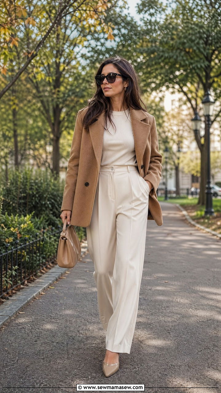 Short Wool Coat with High Waisted Wide Leg Trousers - 35 Wool coat outfit ideas