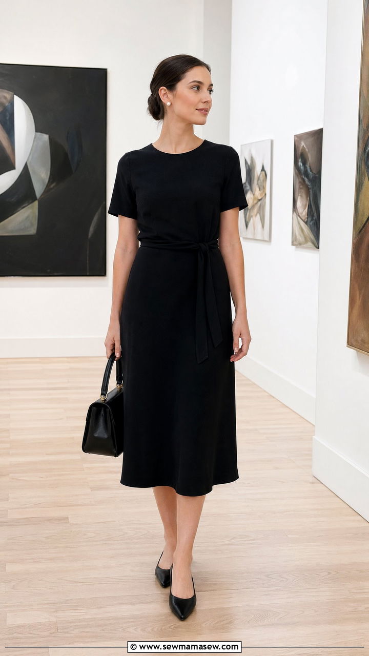 Short sleeve black midi dress with structured bag - 35 casual old money outfits